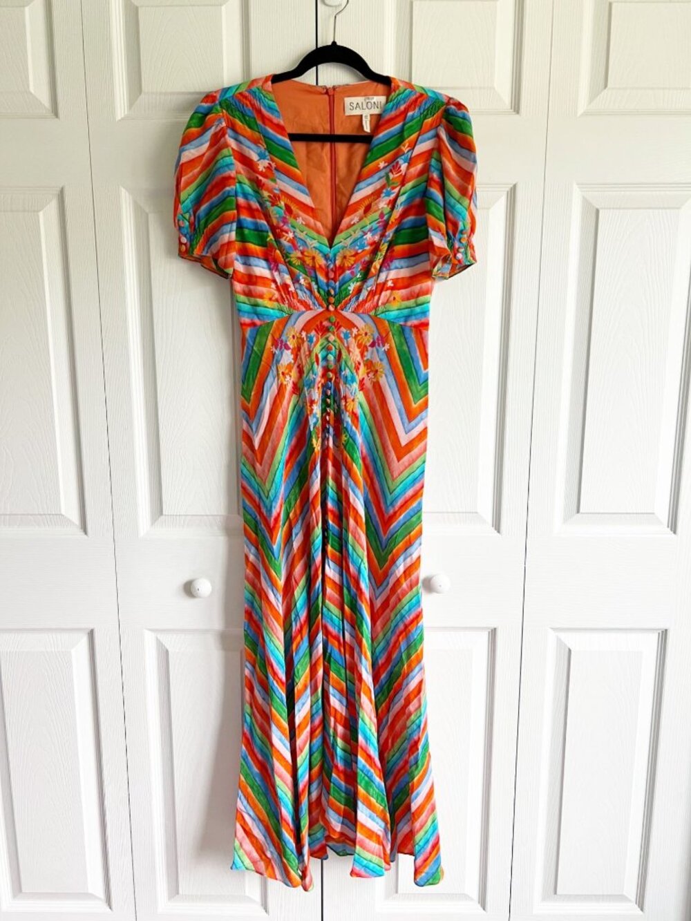 Saloni Lea Orange Red Blue Green Striped Short Sleeve Maxi Dress Women's Size 4